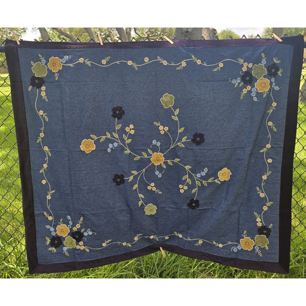 Rare Vintage Spiegel Home Cotton Embroidered Denim Throw/2 Matching Floral Shams